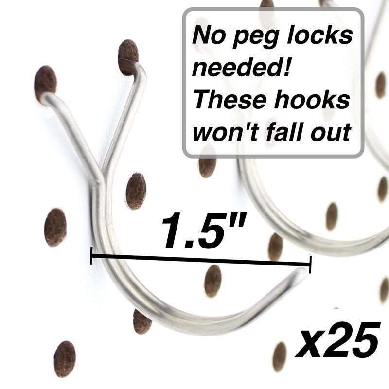 Right Arrange Stainless Steel Pegboard Hooks 25-Pack 1.5in J-Hook - Will Not Fall Out - Fits Any Peg Board - Multipurpose - Organize Necklaces, Jewelry, Retail Items, Keys, Craft or Supplies - Image 2